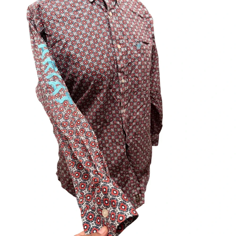 Ariat Shirt Button Down Geometric Medallion Embroidered Red Blue Mens XL